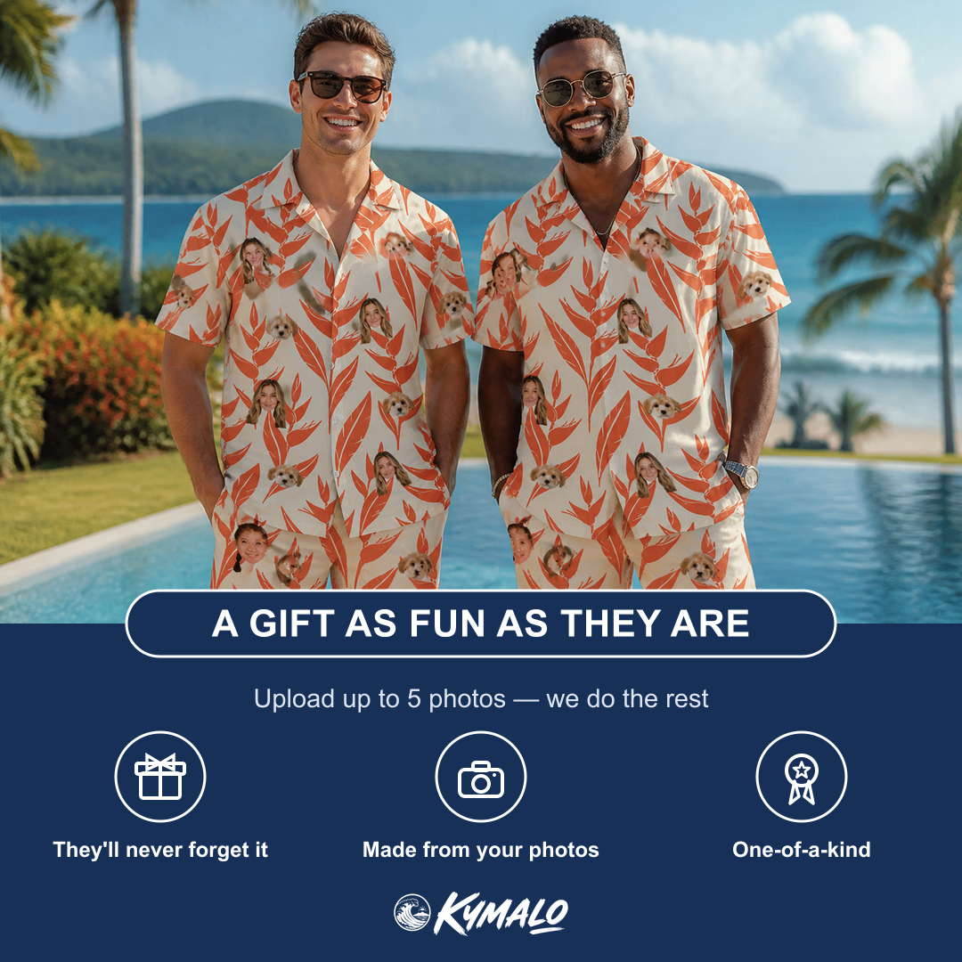 Friends in matching Men's Lobster Lilt Custom Face Shirt & Shorts Set — a group gift photo