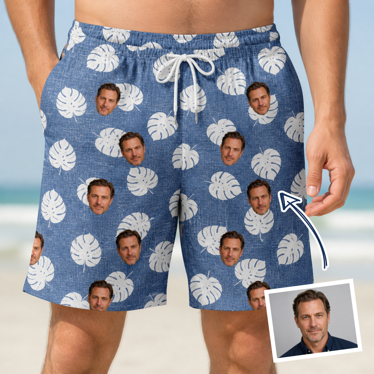 Man wearing Men's Split Personality Custom Face Beach Shorts — custom faces printed all-over