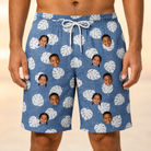 Model wearing Men's Split Personality Custom Face Beach Shorts printed with kids' faces