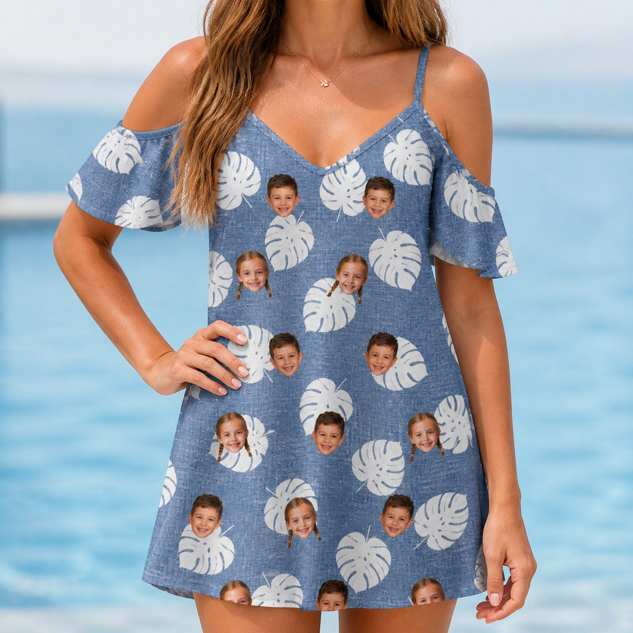 Model wearing Women's Split Personality Custom Face Off-Shoulder Dress printed with kids' faces