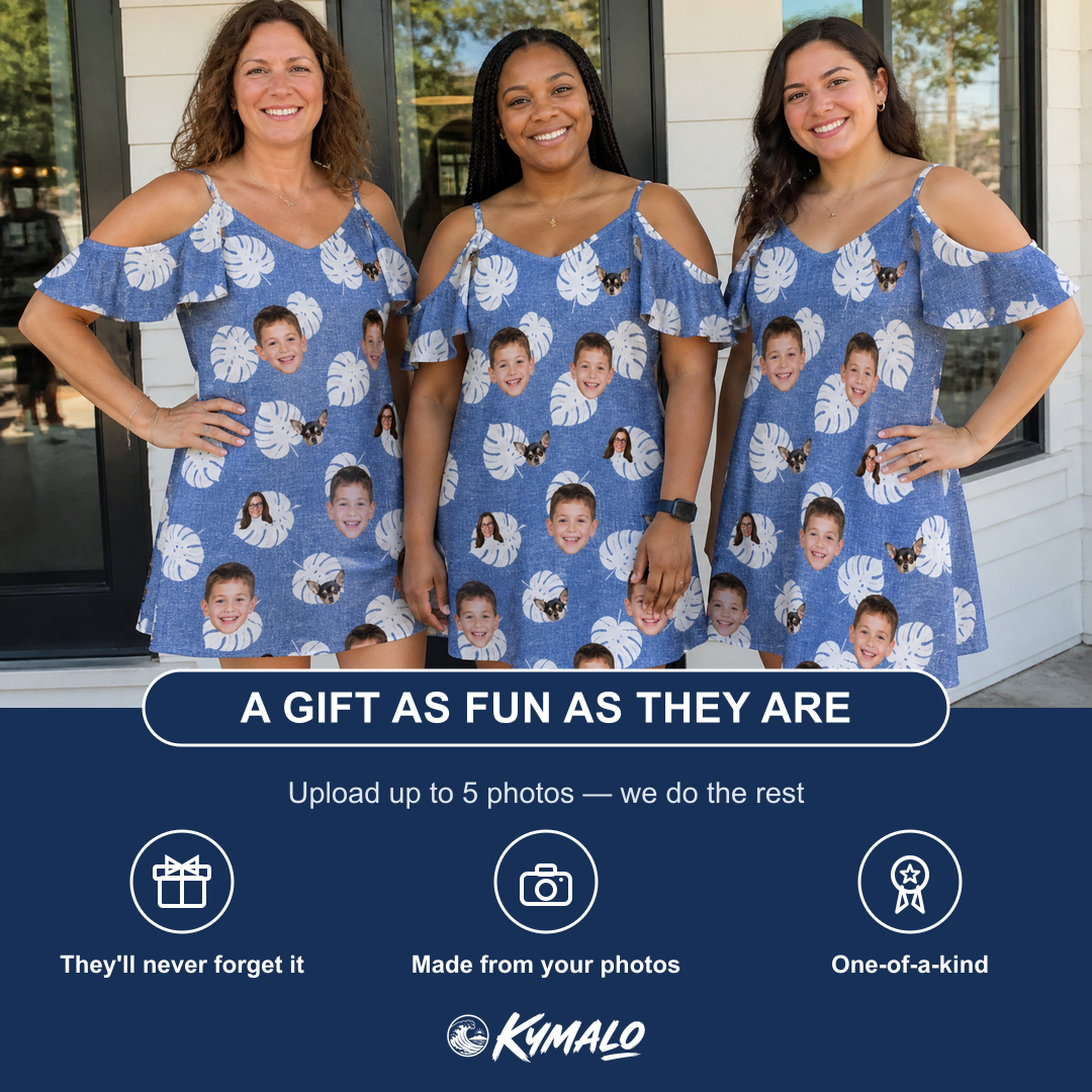 Friends in matching Women's Split Personality Custom Face Off-Shoulder Dress — a group gift photo