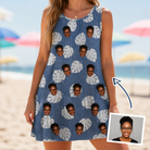 Woman wearing Women's Split Personality Custom Face Tank Dress — custom faces printed all-over
