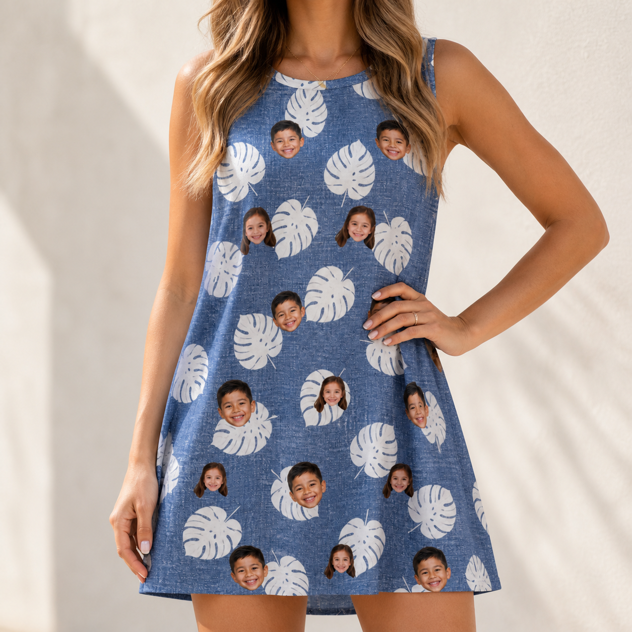 Model wearing Women's Split Personality Custom Face Tank Dress printed with kids' faces