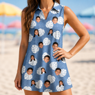 Model wearing Women's Split Personality Custom Face V-Neck Dress printed with kids' faces