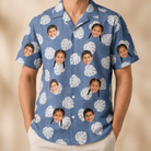 Model wearing Men's Split Personality Custom Face Hawaiian Shirt printed with kids' faces