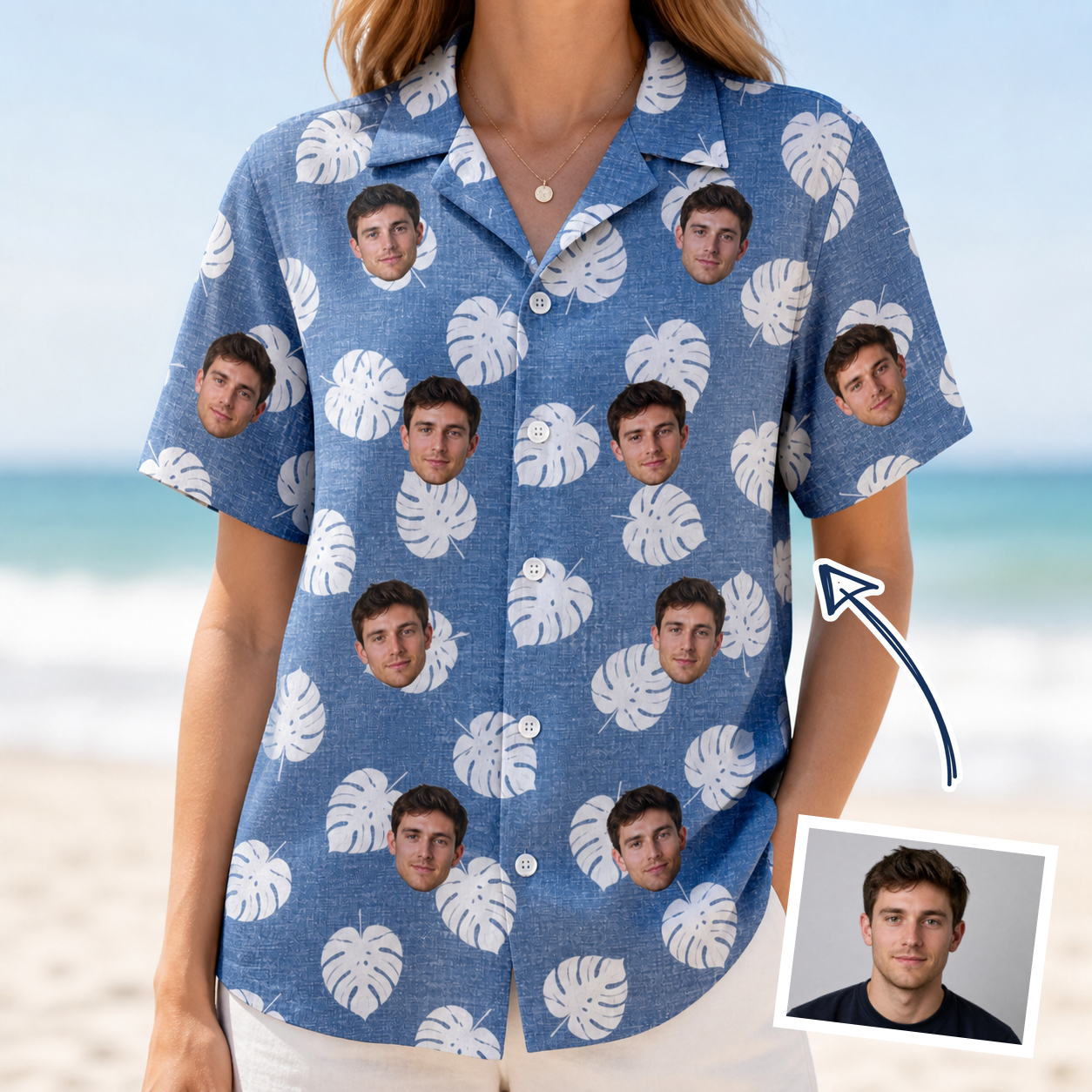 Woman wearing Women's Split Personality Custom Face Hawaiian Shirt — custom faces printed all-over
