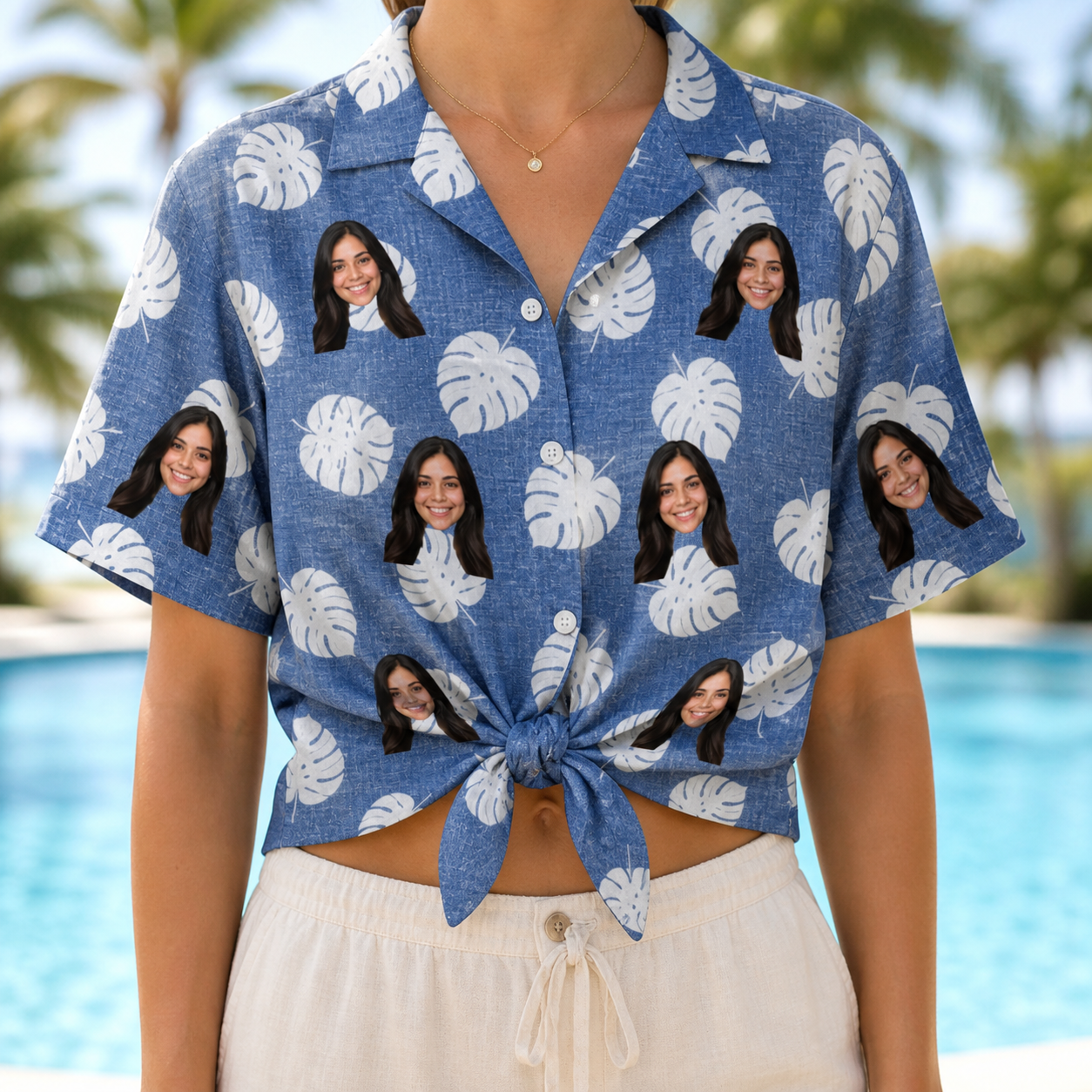 Woman wearing Women's Split Personality Custom Face Hawaiian Shirt tied at the waist