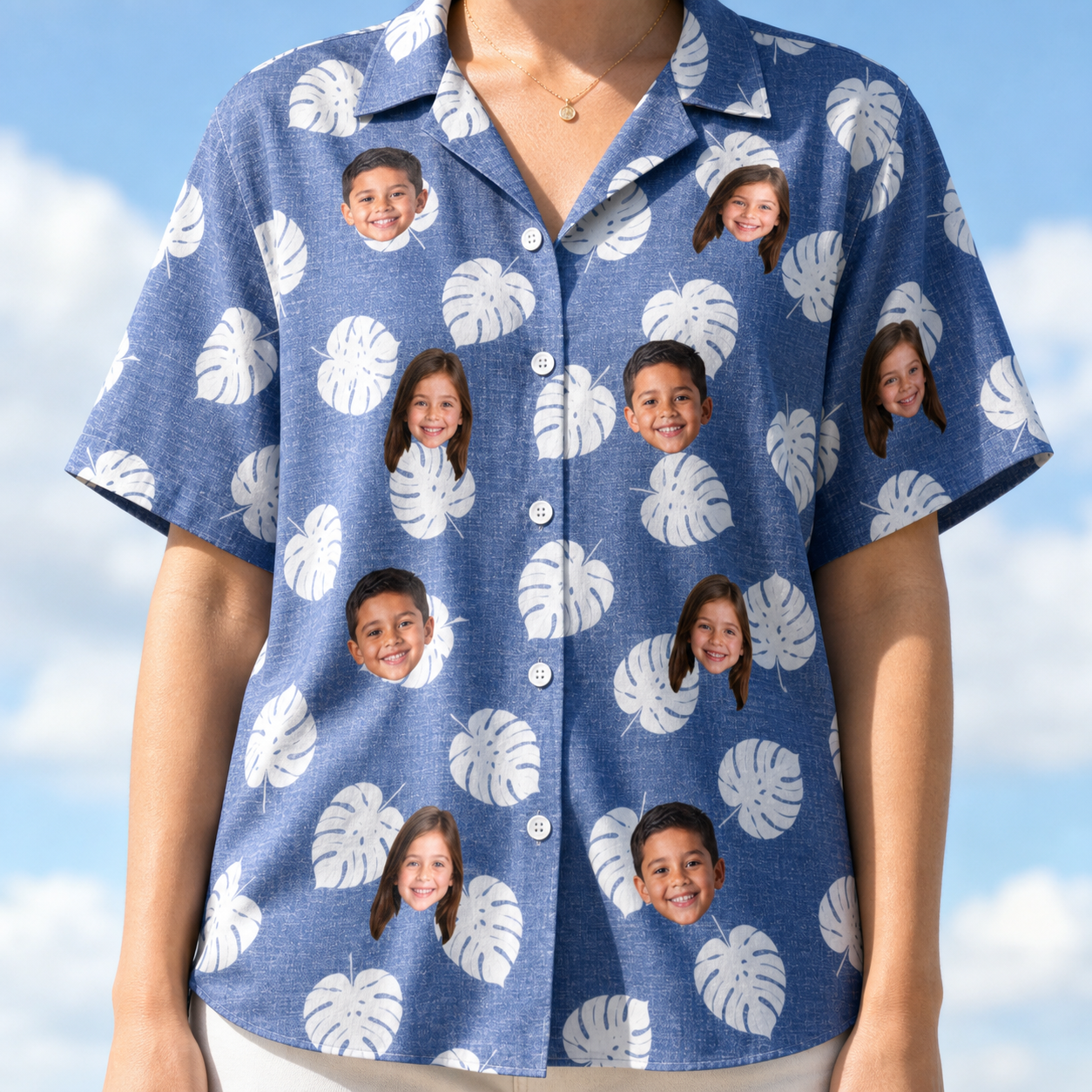 Model wearing Women's Split Personality Custom Face Hawaiian Shirt printed with kids' faces