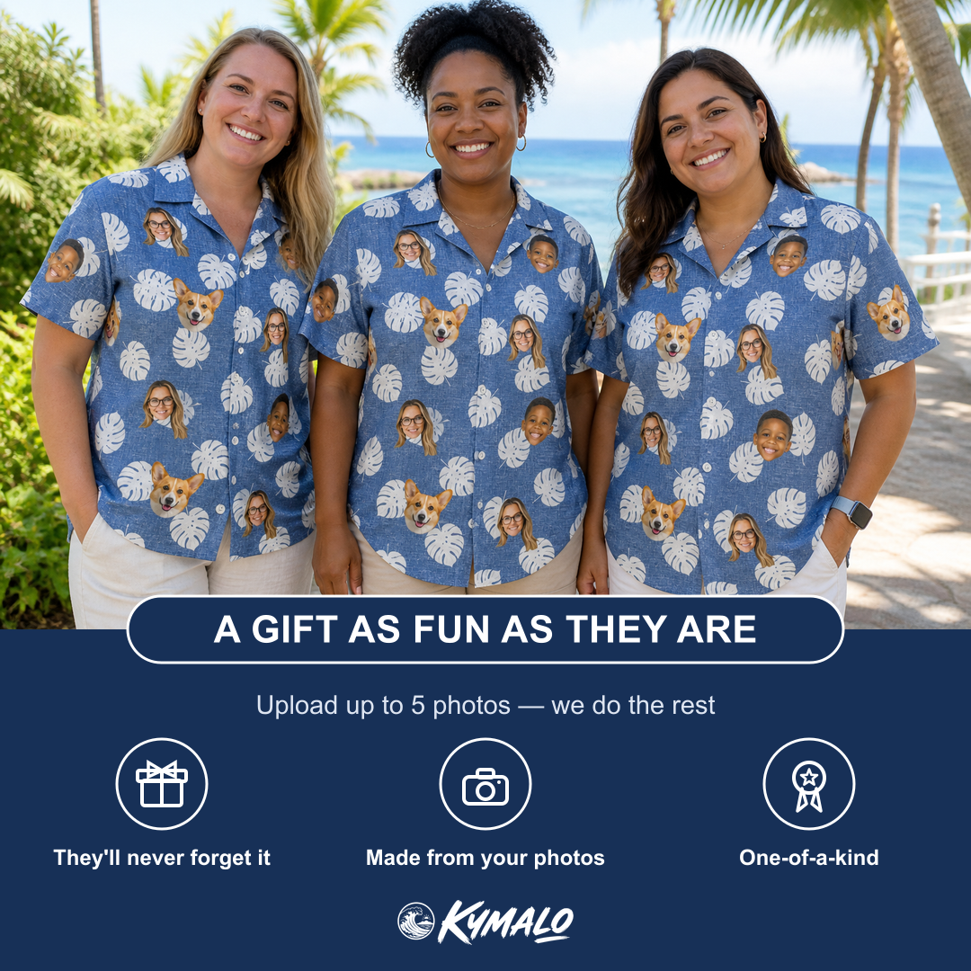 Friends in matching Women's Split Personality Custom Face Hawaiian Shirt — a group gift photo