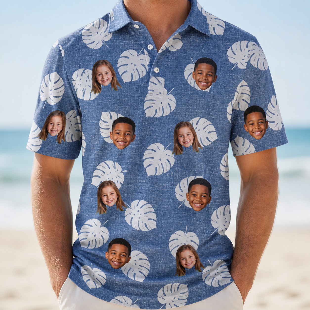 Model wearing Men's Split Personality Custom Face Polo Shirt printed with kids' faces
