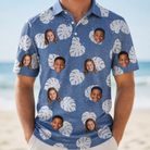 Model wearing Men's Split Personality Custom Face Polo Shirt printed with kids' faces