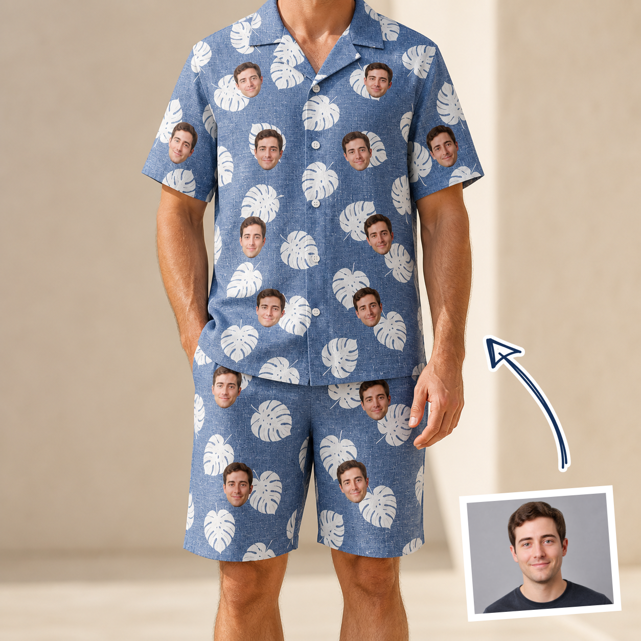 Man wearing Men's Split Personality Custom Face Shirt & Shorts Set — custom faces printed all-over