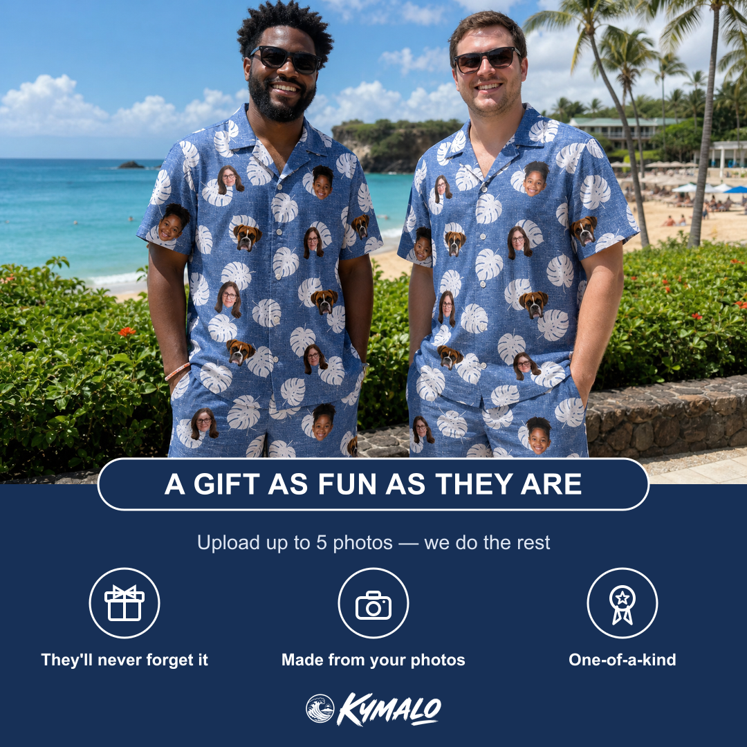 Friends in matching Men's Split Personality Custom Face Shirt & Shorts Set — a group gift photo