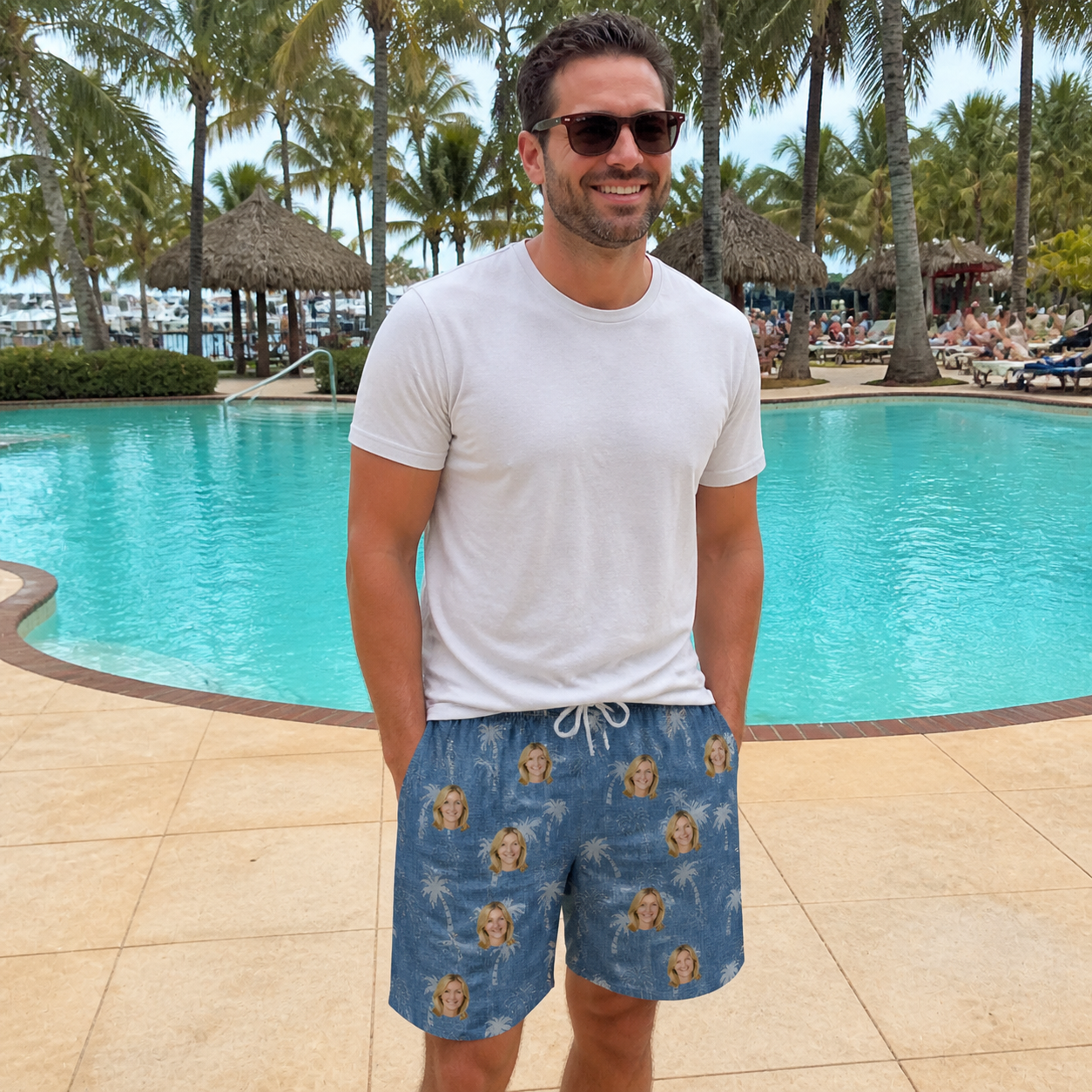 Real-life photo of someone wearing Men's Flower Power Custom Face Beach Shorts — custom faces printed all-over