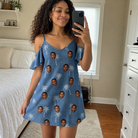 Real-life photo of someone wearing Women's Flower Power Custom Face Off-Shoulder Dress — custom faces printed all-over