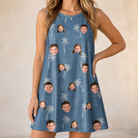 Model wearing Women's Flower Power Custom Face Tank Dress printed with kids' faces