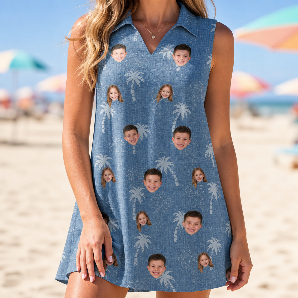 Model wearing Women's Flower Power Custom Face V-Neck Dress printed with kids' faces
