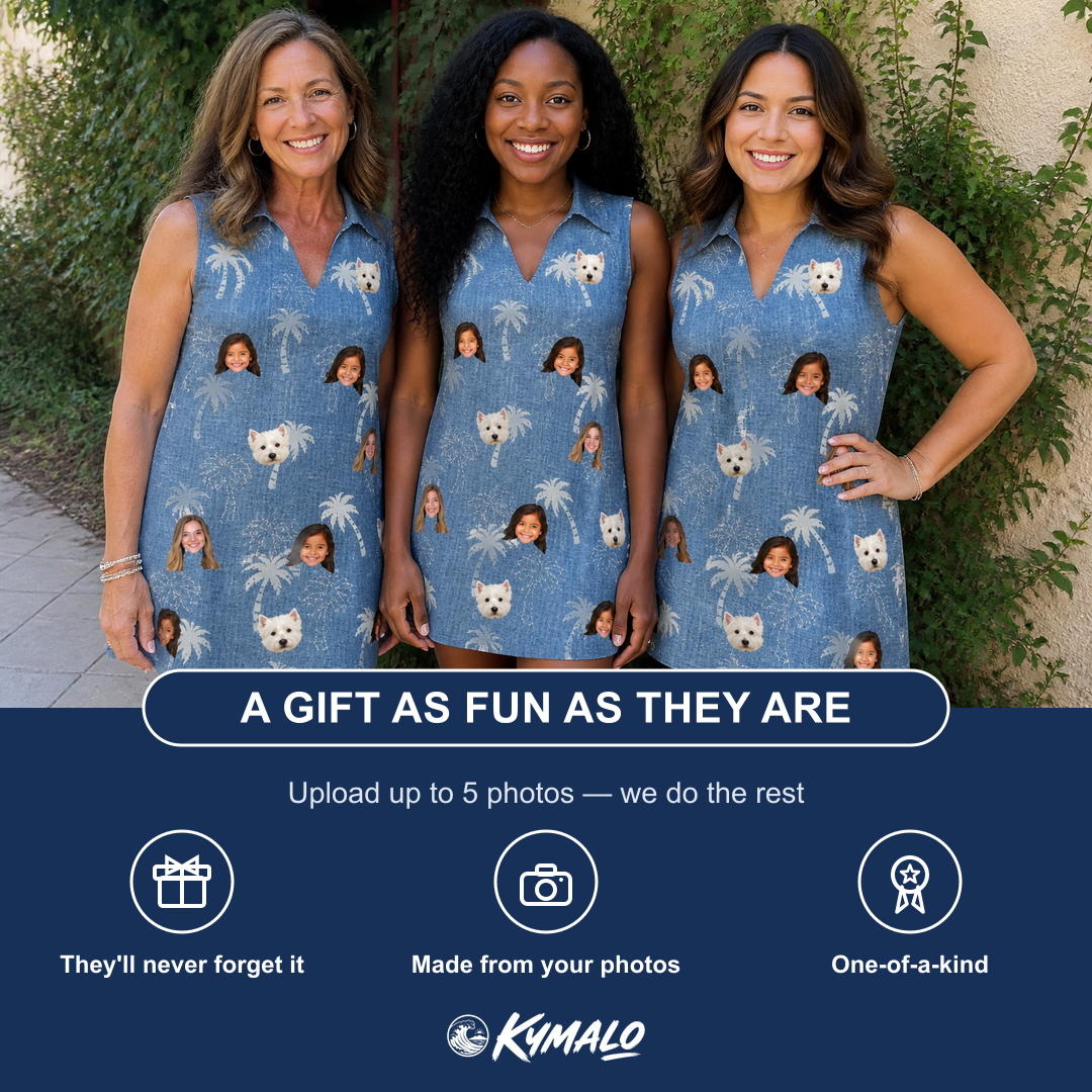 Friends in matching Women's Flower Power Custom Face V-Neck Dress — a group gift photo