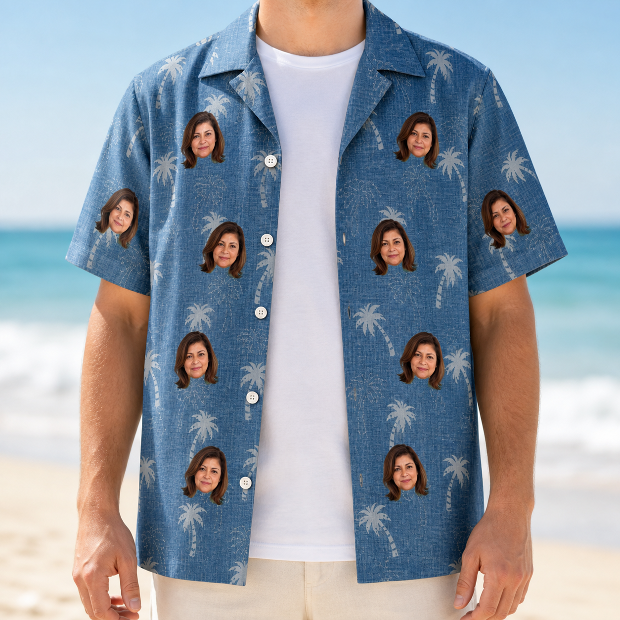 Man wearing Men's Flower Power Custom Face Hawaiian Shirt open over a white tee