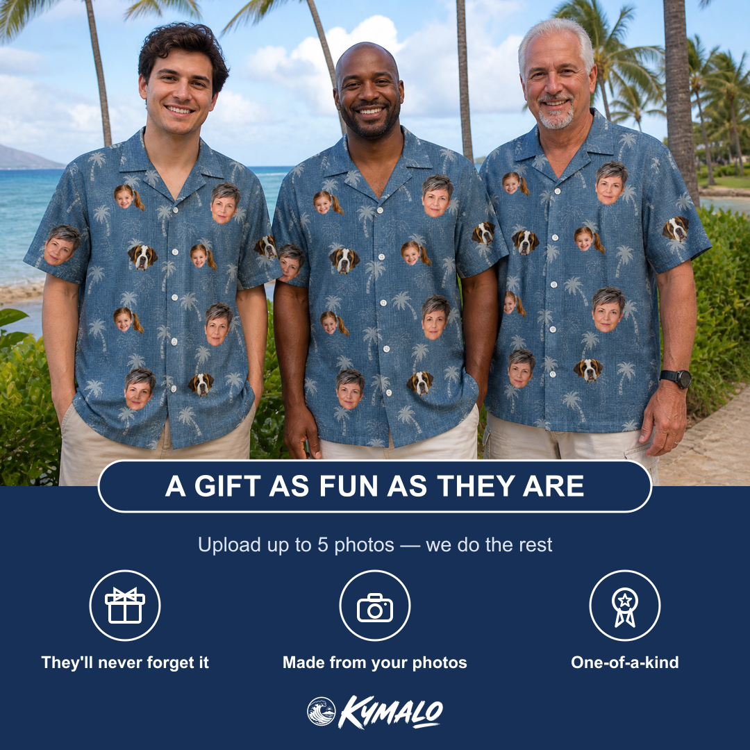 Friends in matching Men's Flower Power Custom Face Hawaiian Shirt — a group gift photo