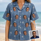 Woman wearing Women's Flower Power Custom Face Hawaiian Shirt — custom faces printed all-over