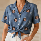 Woman wearing Women's Flower Power Custom Face Hawaiian Shirt tied at the waist
