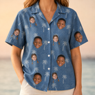 Model wearing Women's Flower Power Custom Face Hawaiian Shirt printed with kids' faces