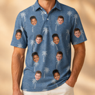 Model wearing Men's Flower Power Custom Face Polo Shirt printed with kids' faces