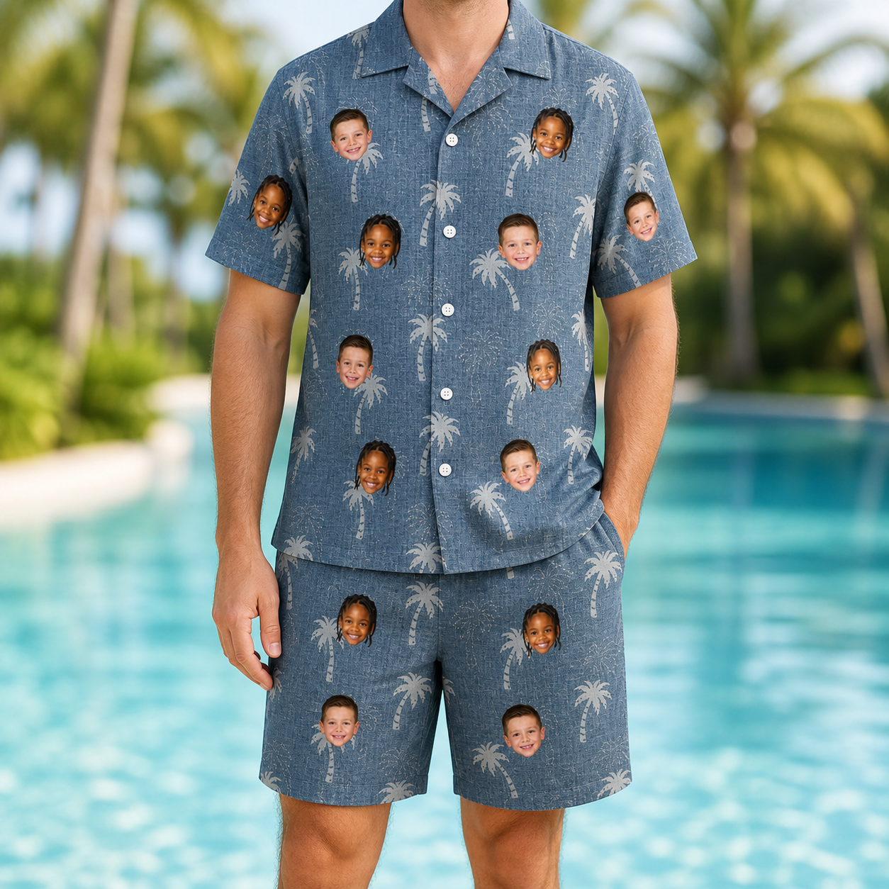 Model wearing Men's Flower Power Custom Face Shirt & Shorts Set printed with kids' faces