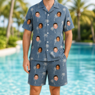 Model wearing Men's Flower Power Custom Face Shirt & Shorts Set printed with kids' faces