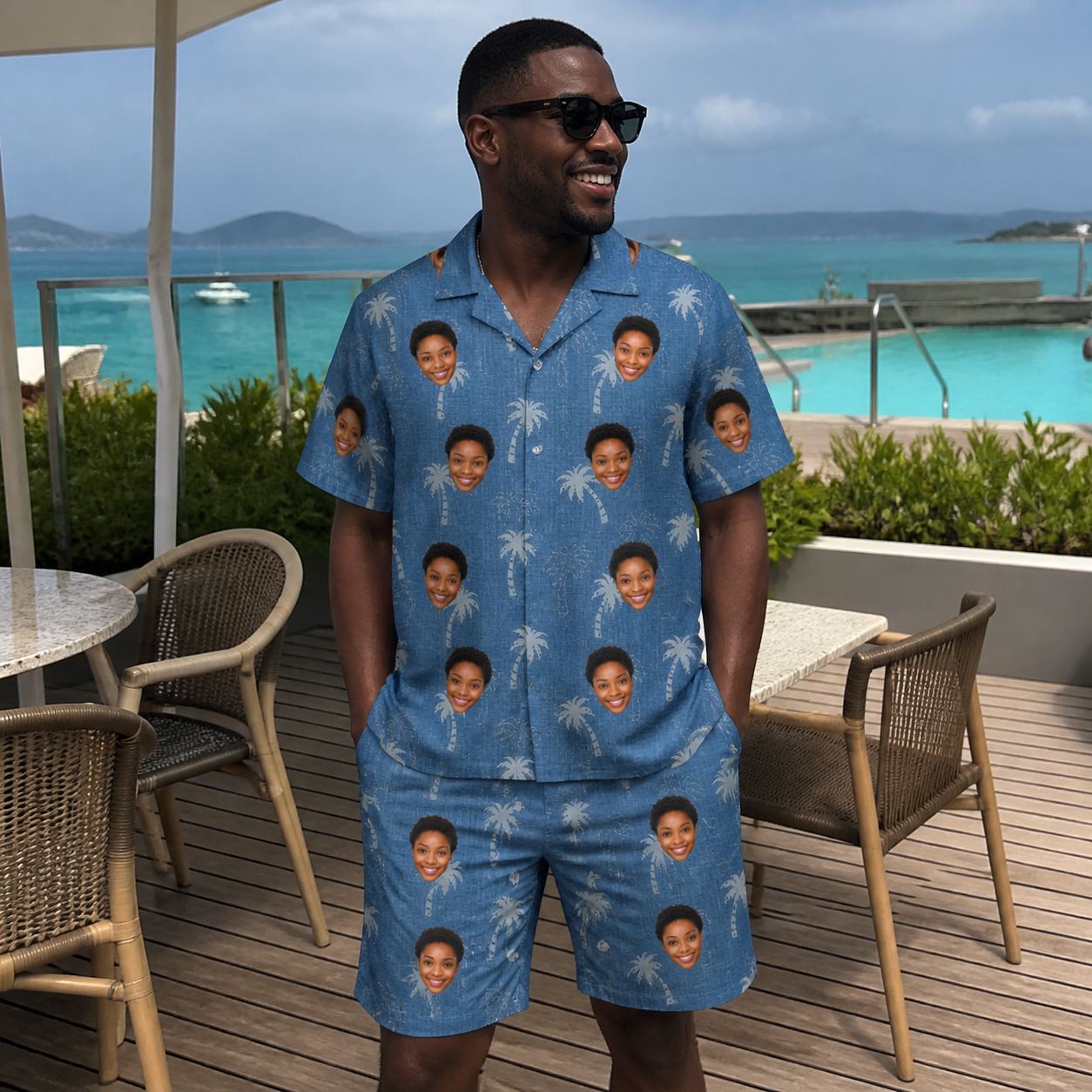 Real-life photo of someone wearing Men's Flower Power Custom Face Shirt & Shorts Set — custom faces printed all-over