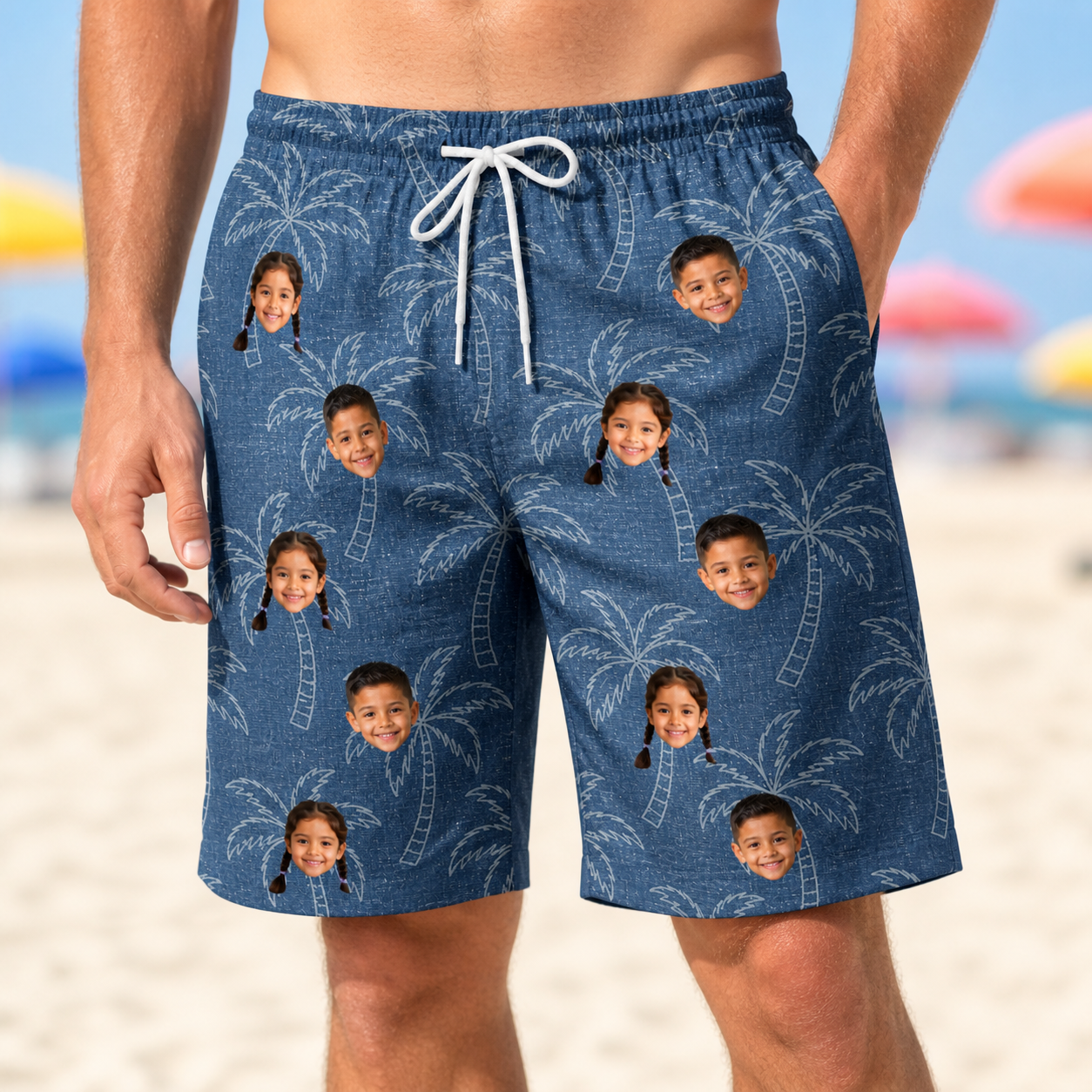 Model wearing Men's Aloha Arbor Custom Face Beach Shorts printed with kids' faces