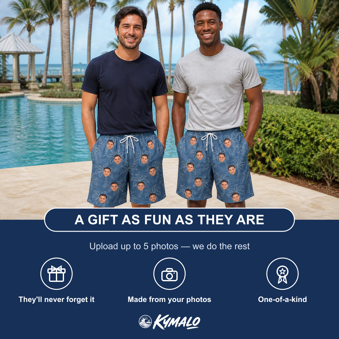 Friends in matching Men's Aloha Arbor Custom Face Beach Shorts — a group gift photo