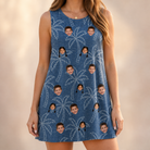 Model wearing Women's Aloha Arbor Custom Face Tank Dress printed with kids' faces