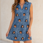 Model wearing Women's Aloha Arbor Custom Face V-Neck Dress printed with kids' faces