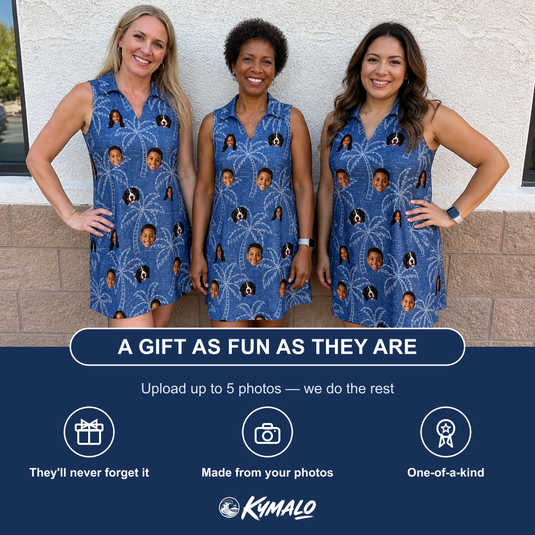 Friends in matching Women's Aloha Arbor Custom Face V-Neck Dress — a group gift photo