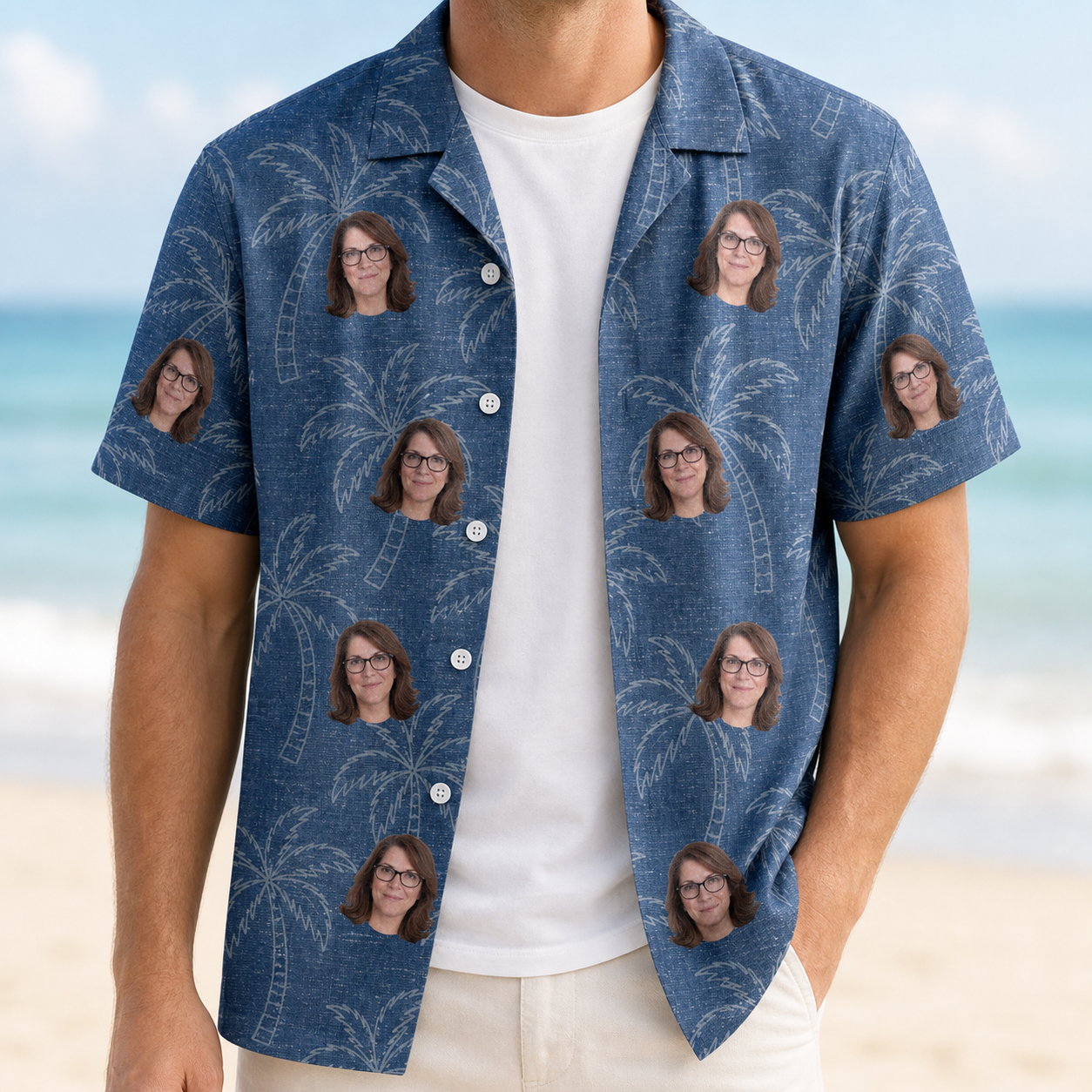 Man wearing Men's Aloha Arbor Custom Face Hawaiian Shirt open over a white tee