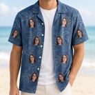 Man wearing Men's Aloha Arbor Custom Face Hawaiian Shirt open over a white tee