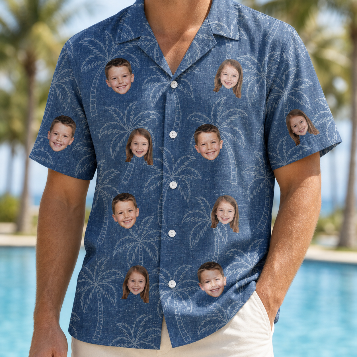 Model wearing Men's Aloha Arbor Custom Face Hawaiian Shirt printed with kids' faces