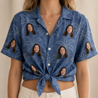 Woman wearing Women's Aloha Arbor Custom Face Hawaiian Shirt tied at the waist