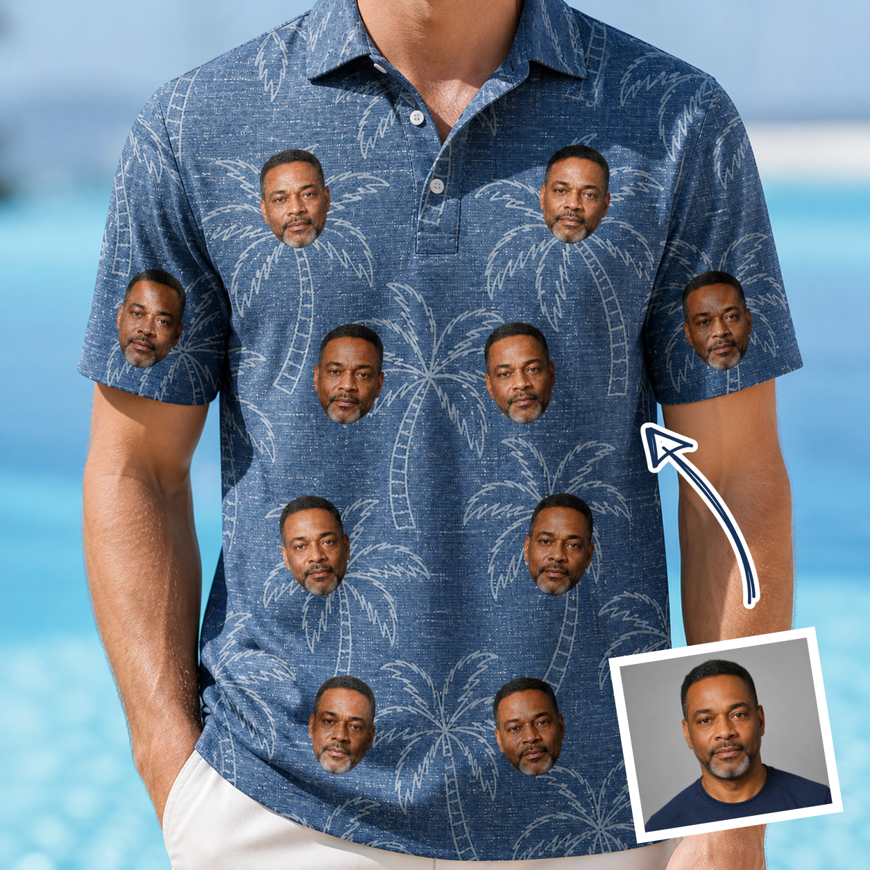 Man wearing Men's Aloha Arbor Custom Face Polo Shirt — custom faces printed all-over