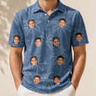 Model wearing Men's Aloha Arbor Custom Face Polo Shirt printed with kids' faces
