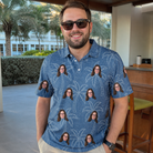 Real-life photo of someone wearing Men's Aloha Arbor Custom Face Polo Shirt — custom faces printed all-over