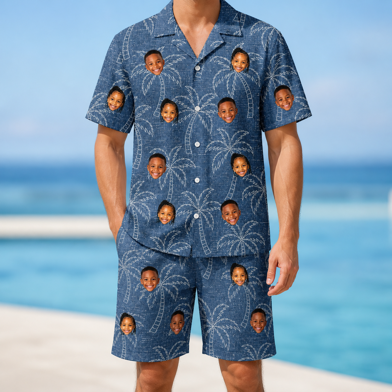 Model wearing Men's Aloha Arbor Custom Face Shirt & Shorts Set printed with kids' faces