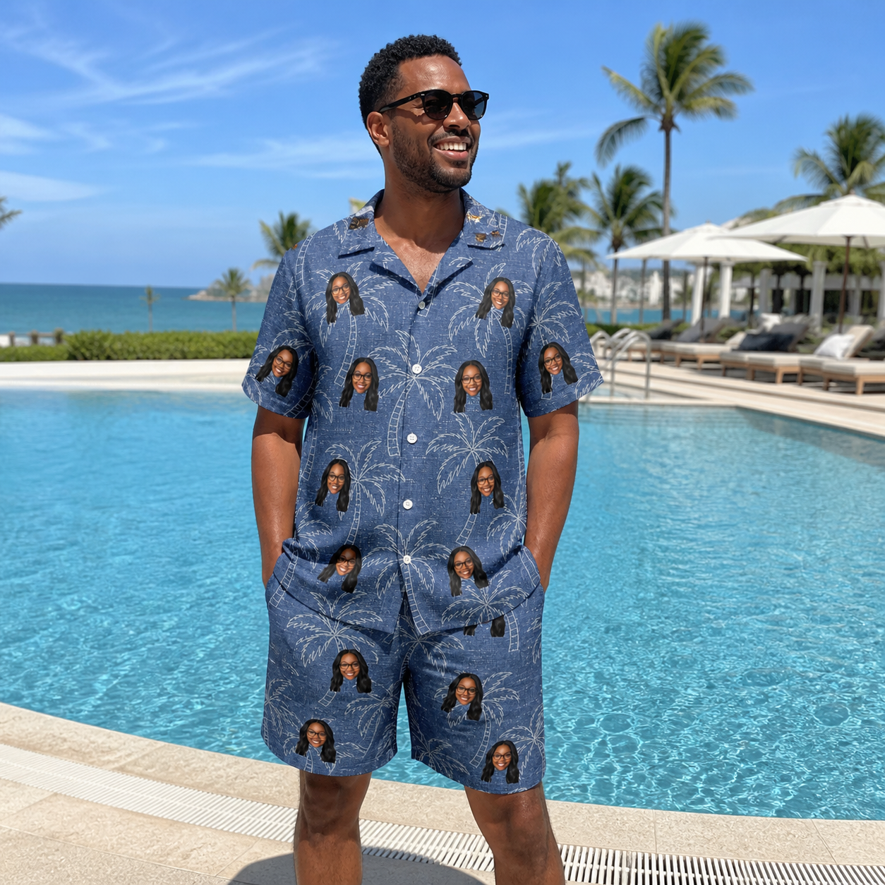 Real-life photo of someone wearing Men's Aloha Arbor Custom Face Shirt & Shorts Set — custom faces printed all-over