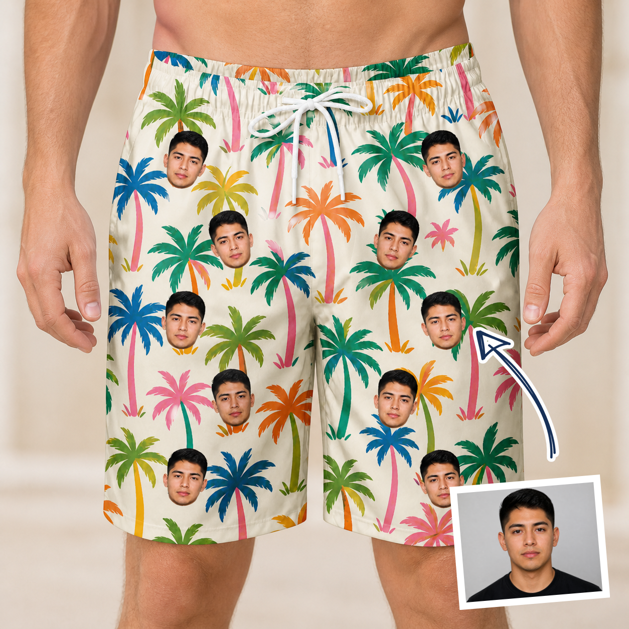 Man wearing Men's Sunbeam Sprigs Custom Face Beach Shorts — custom faces printed all-over