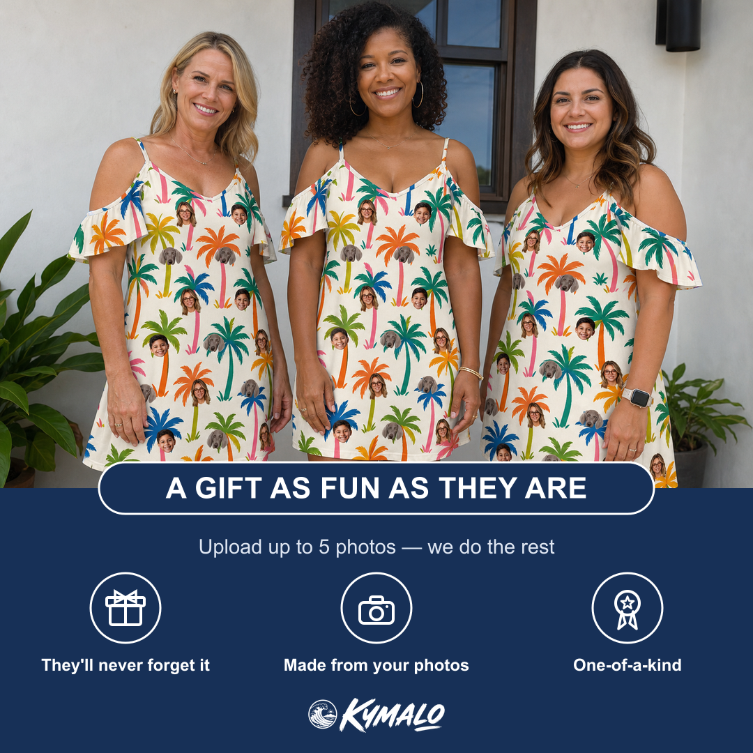 Friends in matching Women's Sunbeam Sprigs Custom Face Off-Shoulder Dress — a group gift photo