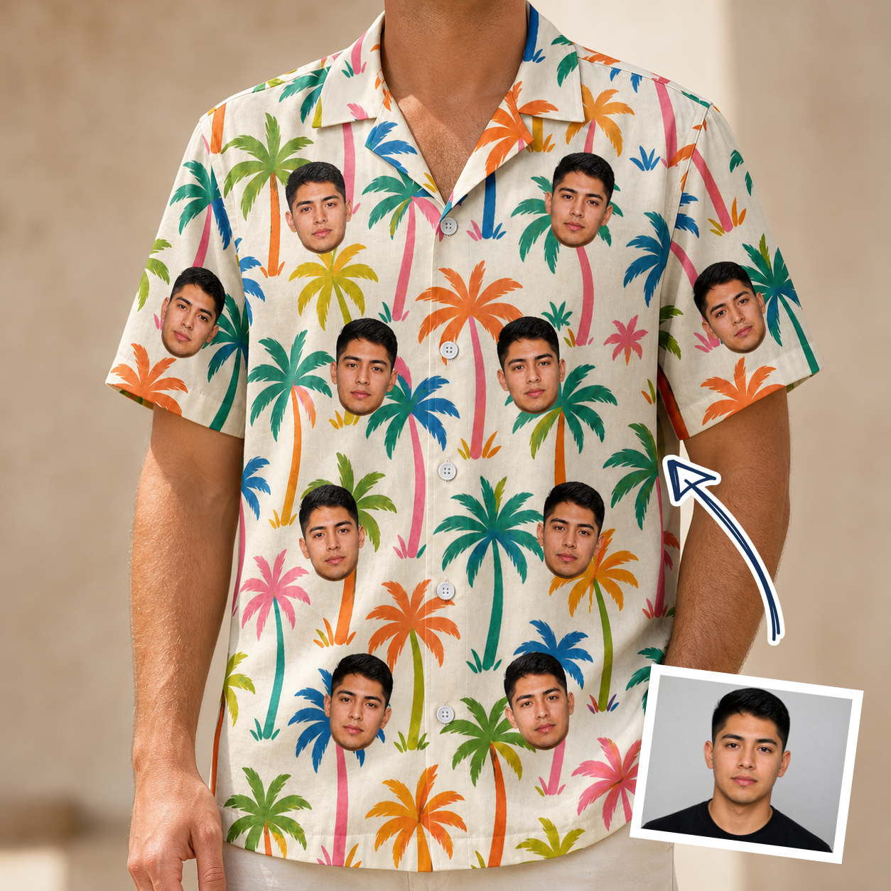 Man wearing Men's Sunbeam Sprigs Custom Face Hawaiian Shirt — custom faces printed all-over