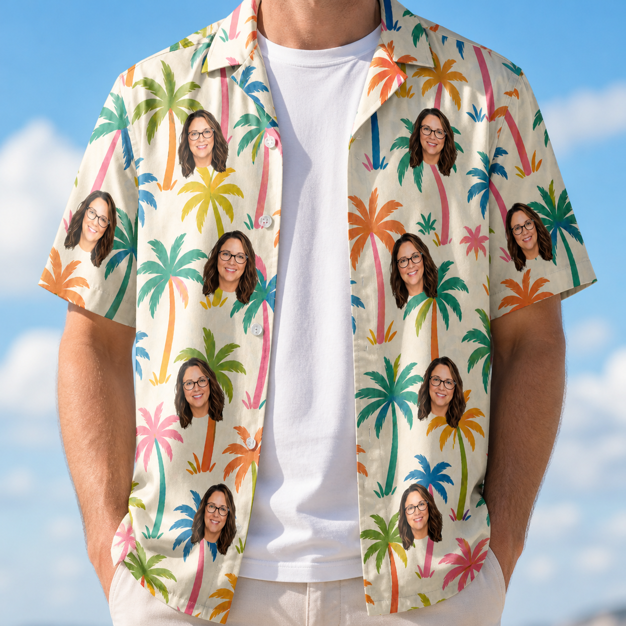 Man wearing Men's Sunbeam Sprigs Custom Face Hawaiian Shirt open over a white tee