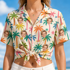 Woman wearing Women's Sunbeam Sprigs Custom Face Hawaiian Shirt tied at the waist